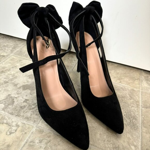 Black BowTie Ankle Strap Pointed Heels - Picture 1 of 4
